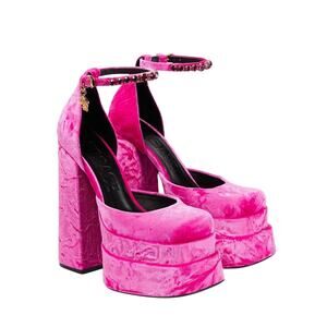 Versace Aevitas 37.5/ 7.5 Platform Pink Velvet Pump Crystal Medusa NIB $1,575